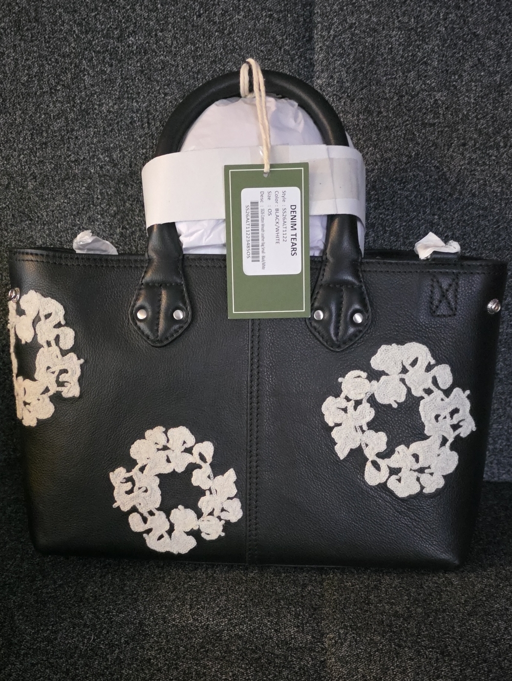 Black Leather Tote with White Floral Embroidery